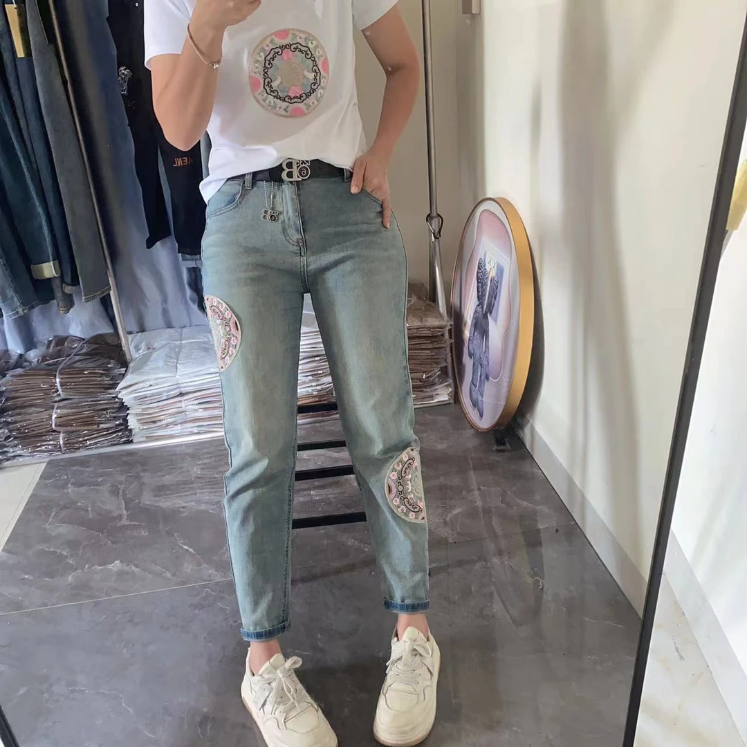 珠珠时尚潮流百搭休闲刺绣哈伦老爹牛仔裤81899