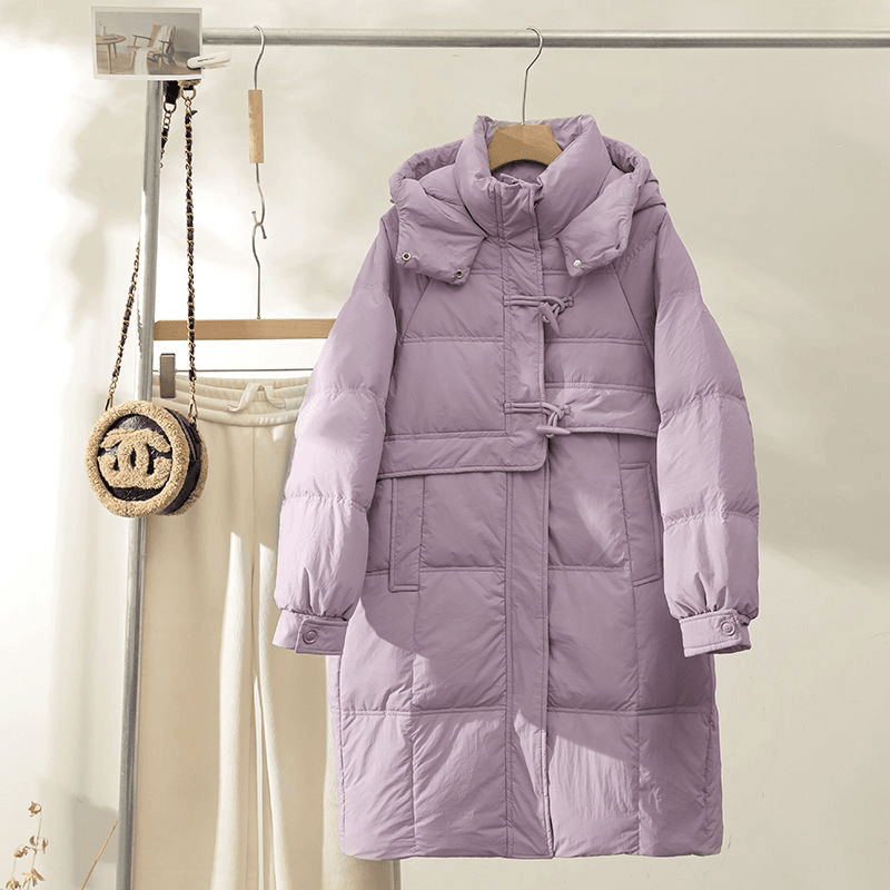 羽绒服女中长款2023新款白鸭绒加厚牛角扣时尚韩版连帽反季冬外套