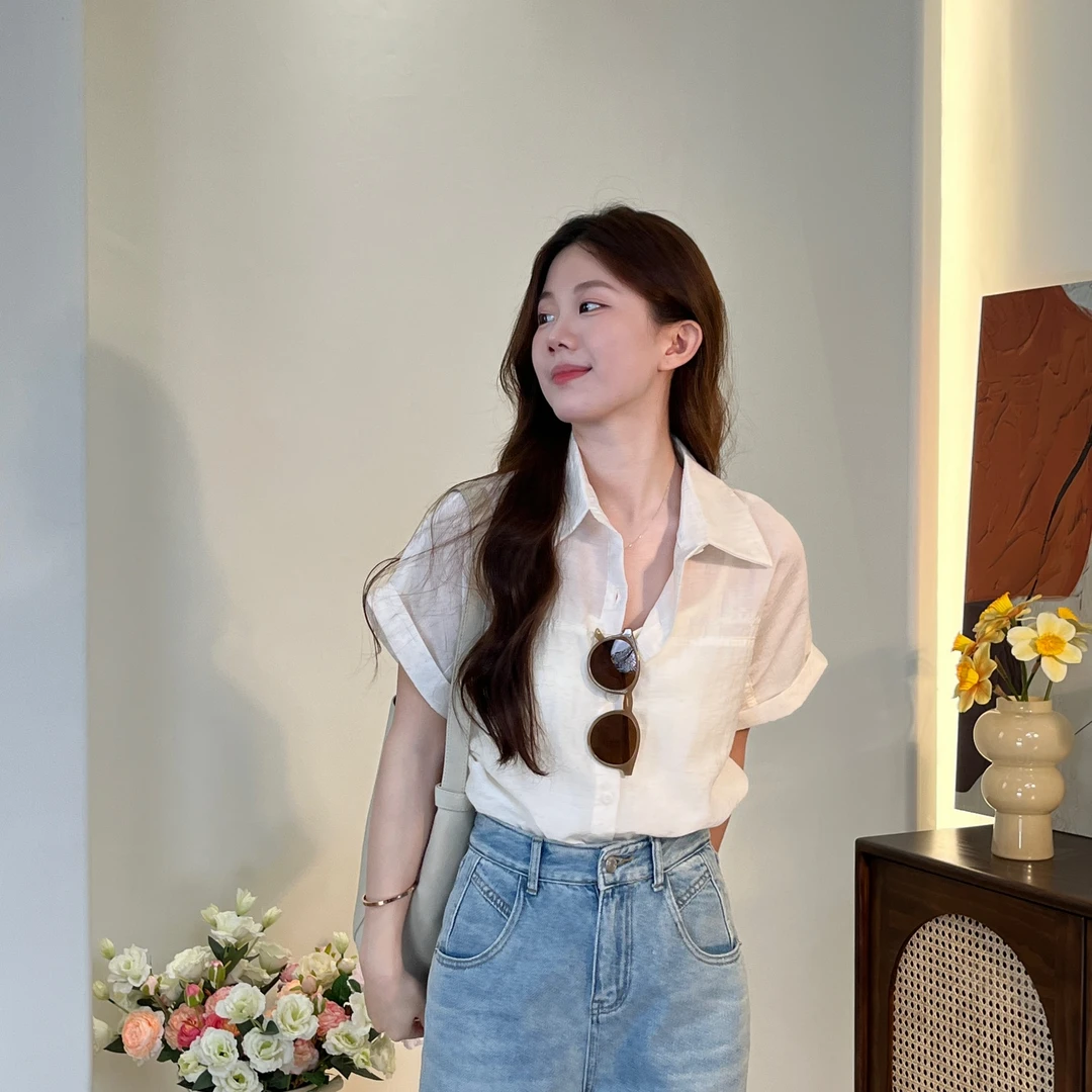 卷边显瘦洋气短袖衬衫气质文艺小众上衣WS125