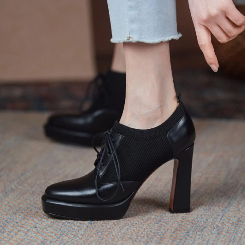 女鞋2025秋冬新款系带高跟鞋真皮单鞋方头防水台粗跟复古弹力单靴