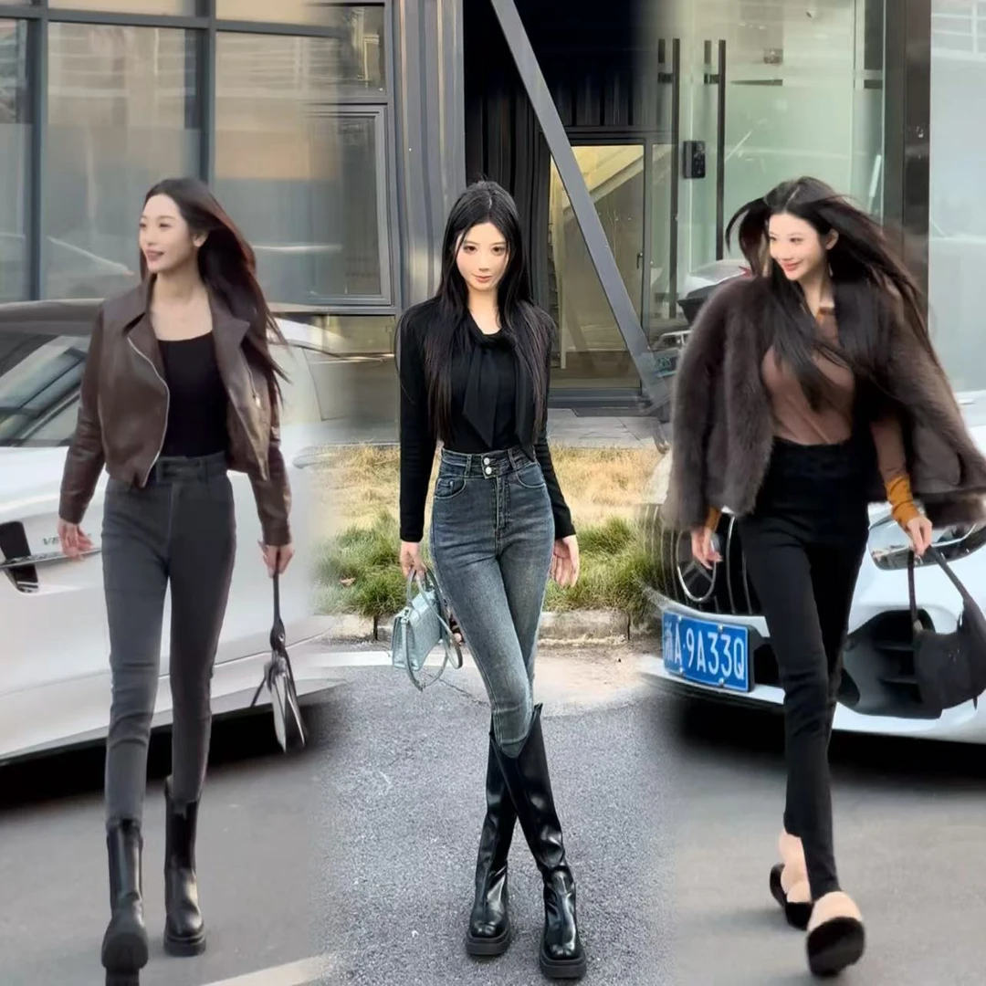 高腰小脚牛仔裤女两粒扣爆款修身弹力烟灰色显瘦秋冬加绒铅笔裤子