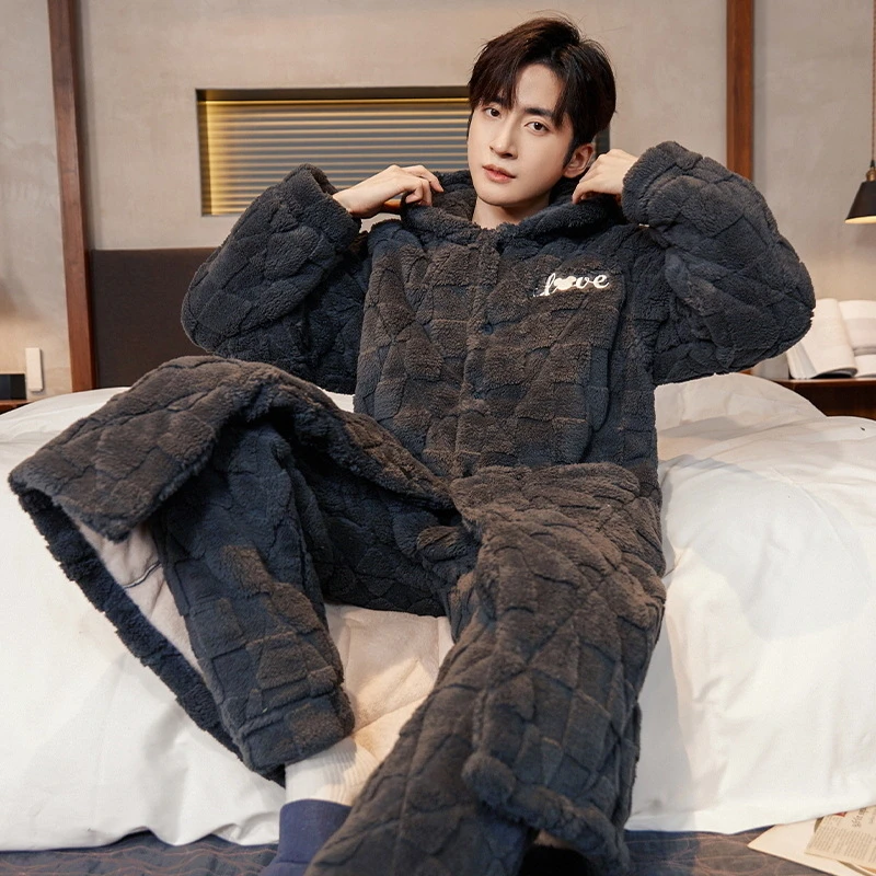 秋冬季睡衣2023新款三层夹棉加厚加绒冬天超厚男士保暖家居服套装