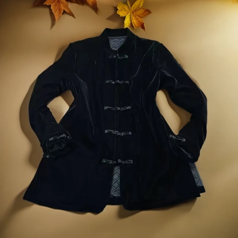 2025早秋新款丝绒拼接上衣秋季外套网红黑色2025炸街国风衣服女