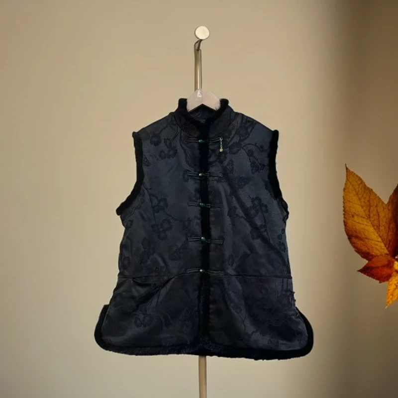 加棉马甲秋冬穿搭貂毛马甲网红新中式女士黑色复古中国风提花