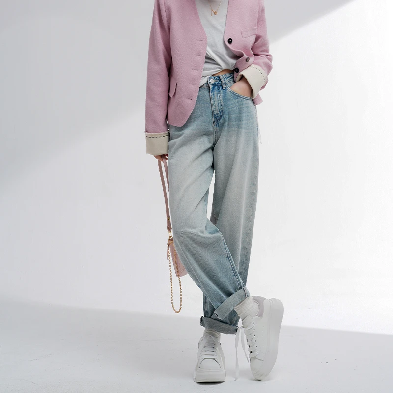 花匣子牛仔裤官方旗舰店2025新款粉标渐变老爹裤女小版八分501175