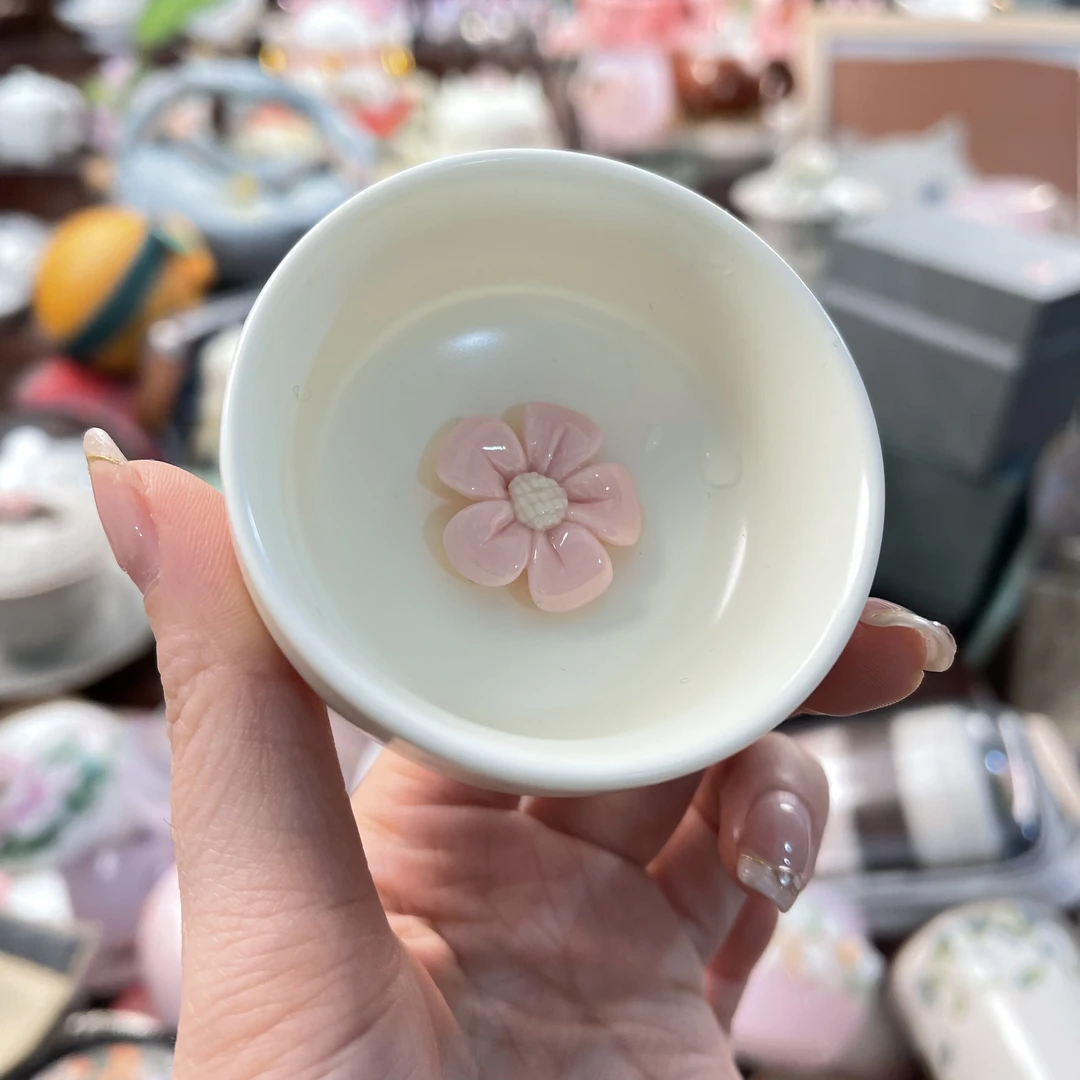 奶油黄手工捏花茶杯品茗杯