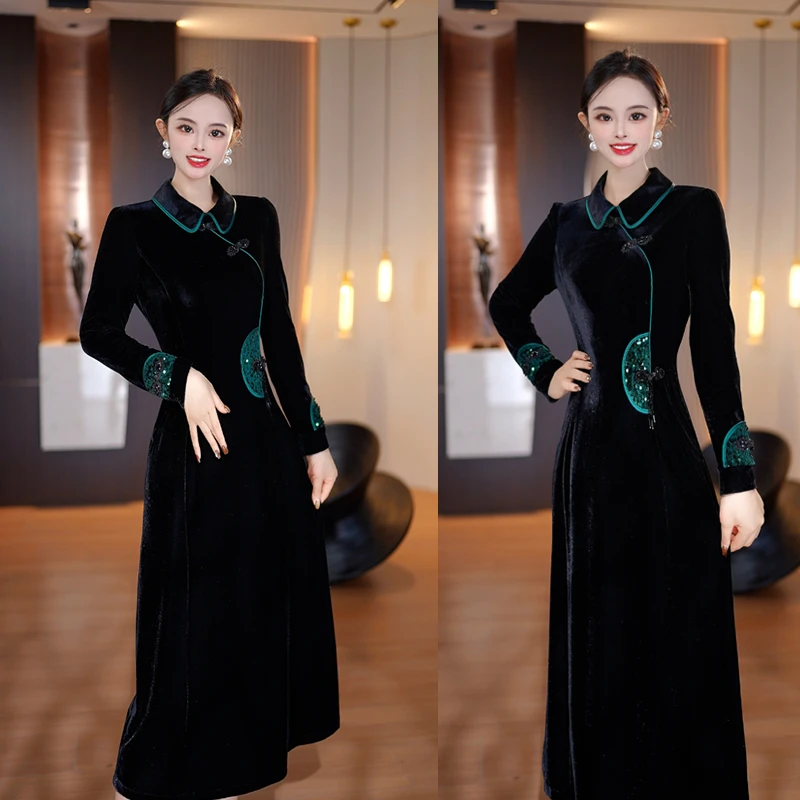 红人上新娃娃领连衣裙冬2024年新中式收腰气质加绒加厚轻奢打底裙