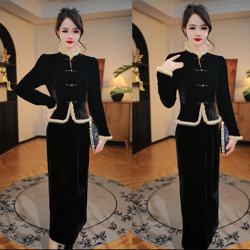 真毛连衣裙冬季2024年日常水貂毛新中式重工收腰气质轻奢打底裙