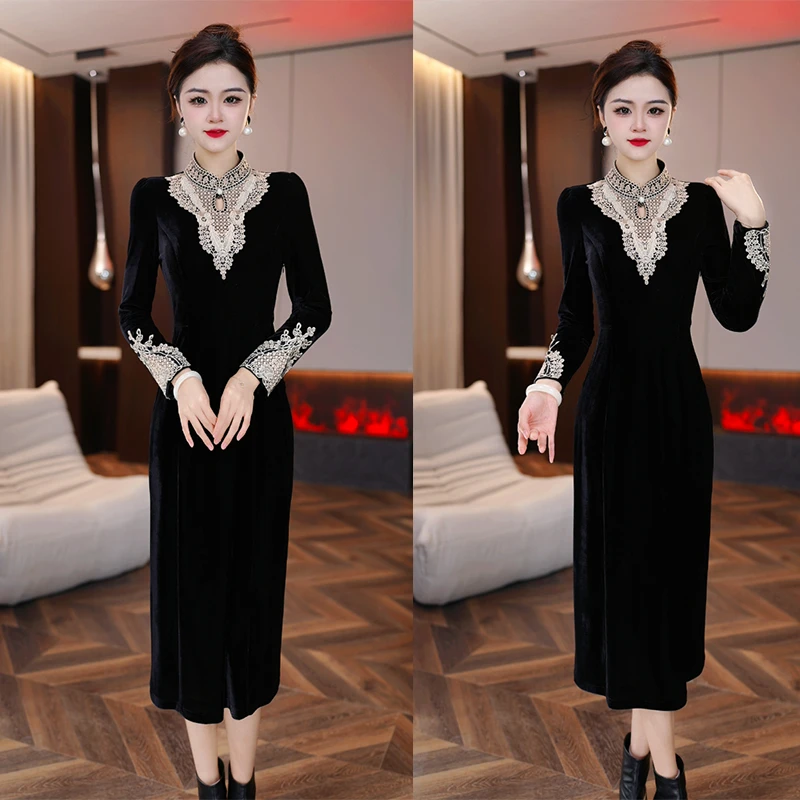 日常新中式重工冬季连衣裙2024年雅丹收腰气质大方绒轻奢连衣裙