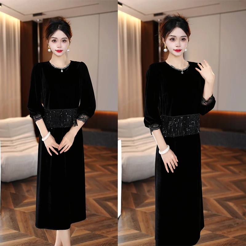 长袖连衣裙2024年新款秋季收腰显瘦气质高贵轻奢高端上档次礼服裙