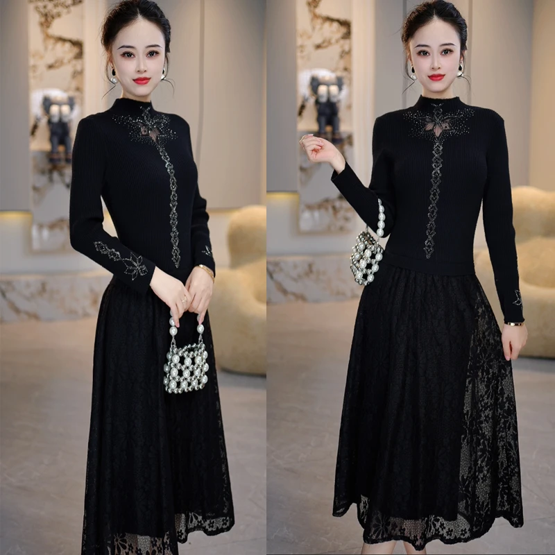 省心穿搭镶钻重工秋季连衣裙2024年收腰显瘦气质轻奢假两件连衣裙