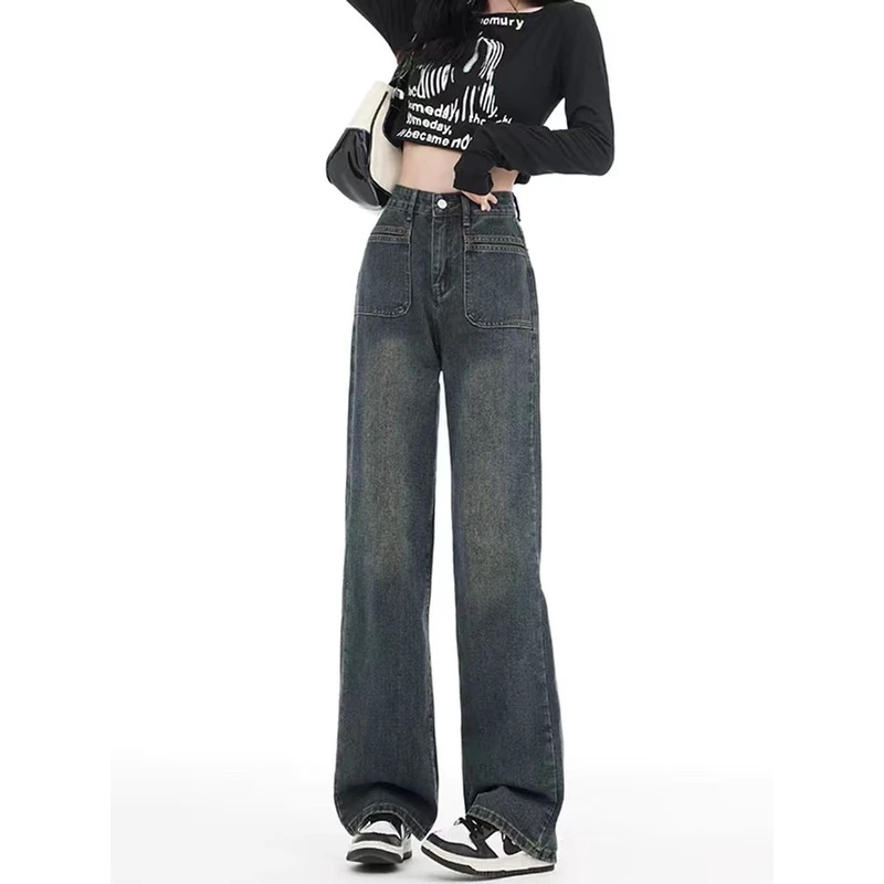 095方口袋翻转潮流垂感高腰显瘦百搭水洗牛仔裤K017