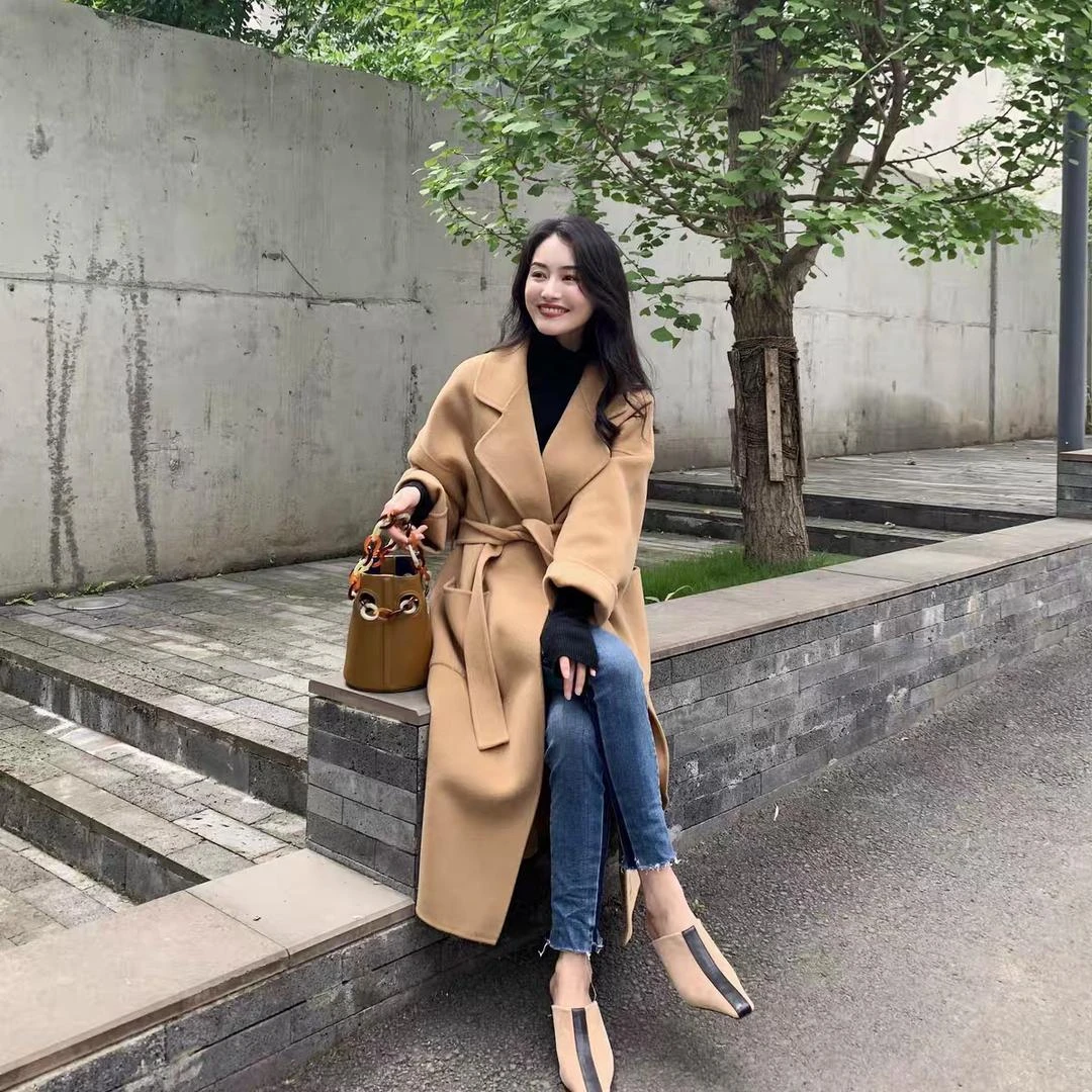 高端双面呢中长款宽松带腰带羊毛大衣039（DY100）