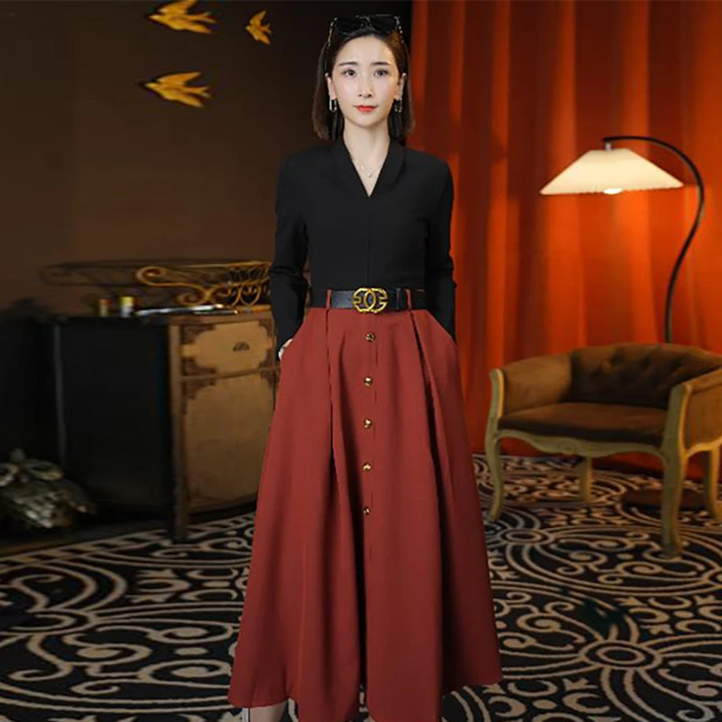 【TW】2025新款秋季女装连衣裙收腰褶皱裙子显瘦气质时尚长裙子2086