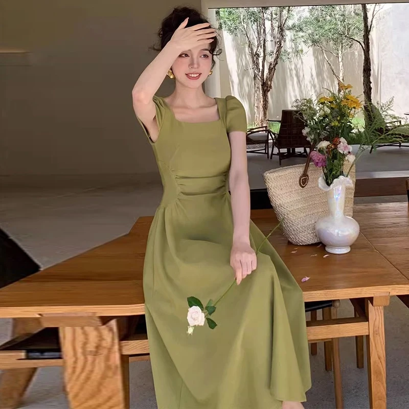 夏季绿色时尚修身连衣裙女高端正式场合方领法式长裙6854