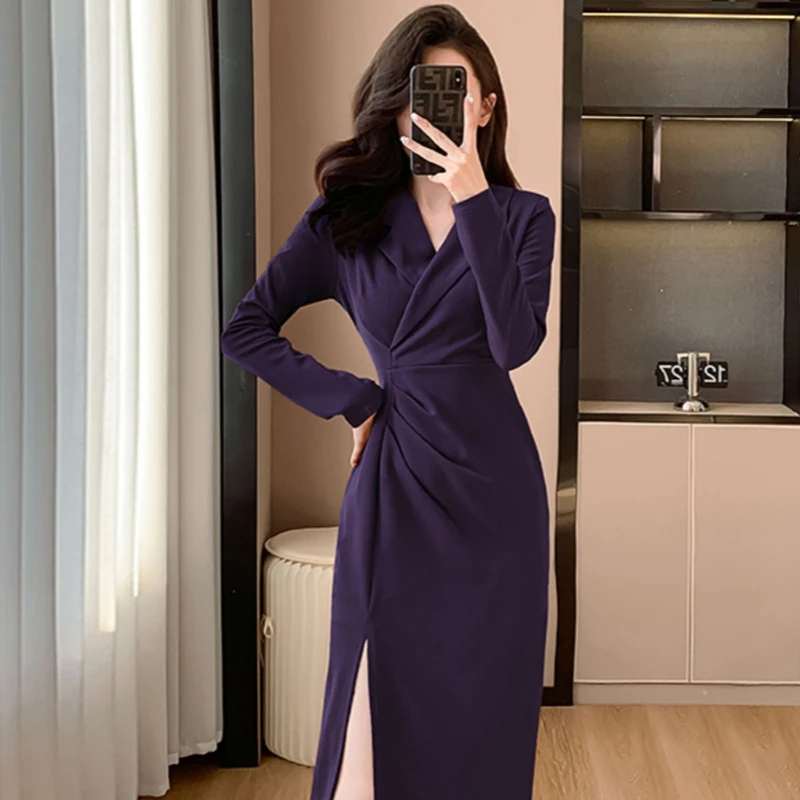 【TW】高级感气质连衣裙2025秋新款收腰显瘦包臀开叉时尚长裙子1895