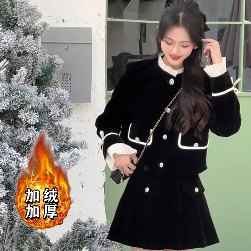 【加绒加厚】【两件套】显瘦小香风套装气质保暖上衣半身裙套装女2758