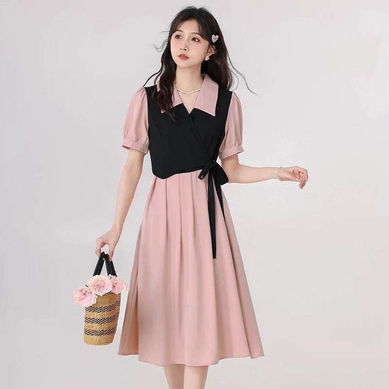 短款拼接连衣裙2025新款女百搭小众显瘦法式撞色收腰时尚裙子9650