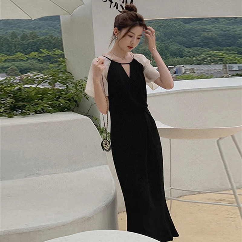 2025新款法式茶歇裙高级感纯收腰裙拼接黑色气质名媛连衣裙女1348