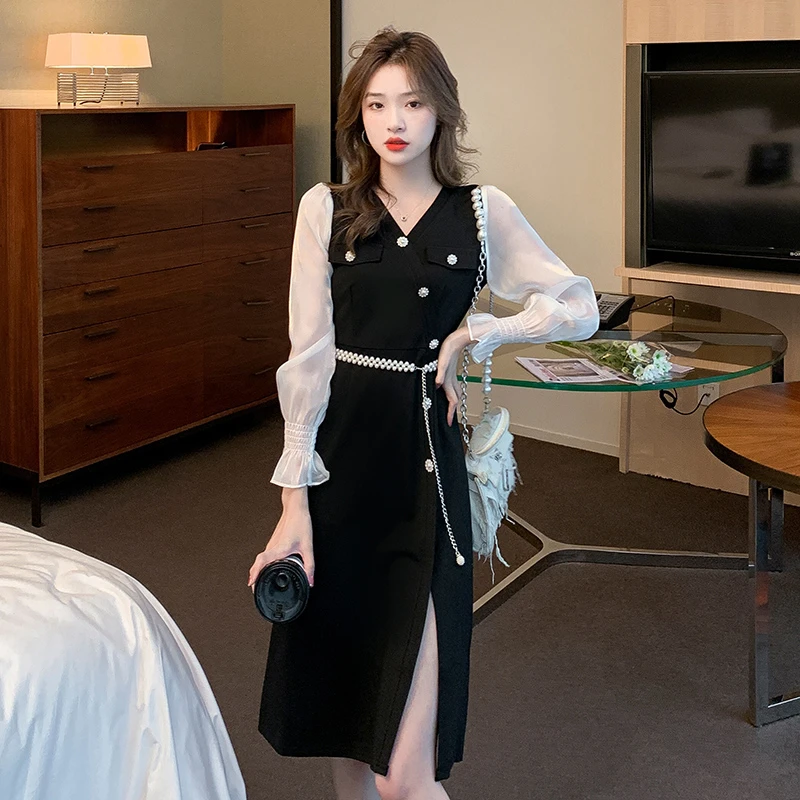 【送腰带】复古黑色女装连衣裙法式收腰长袖连衣裙女拼接小黑裙9509