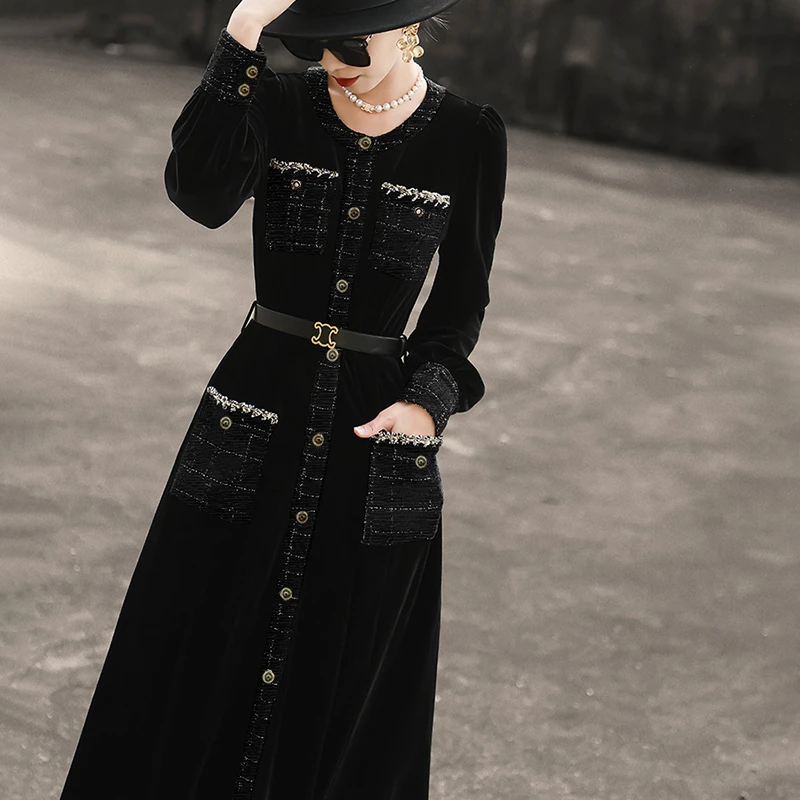 2025秋冬季新款气质优雅单排扣拼接黑色连衣裙收腰显瘦裙子女2660