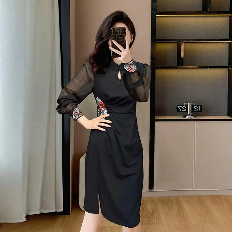 女装连衣裙2025秋季新款黑色国风名媛高级感收腰显瘦A8119