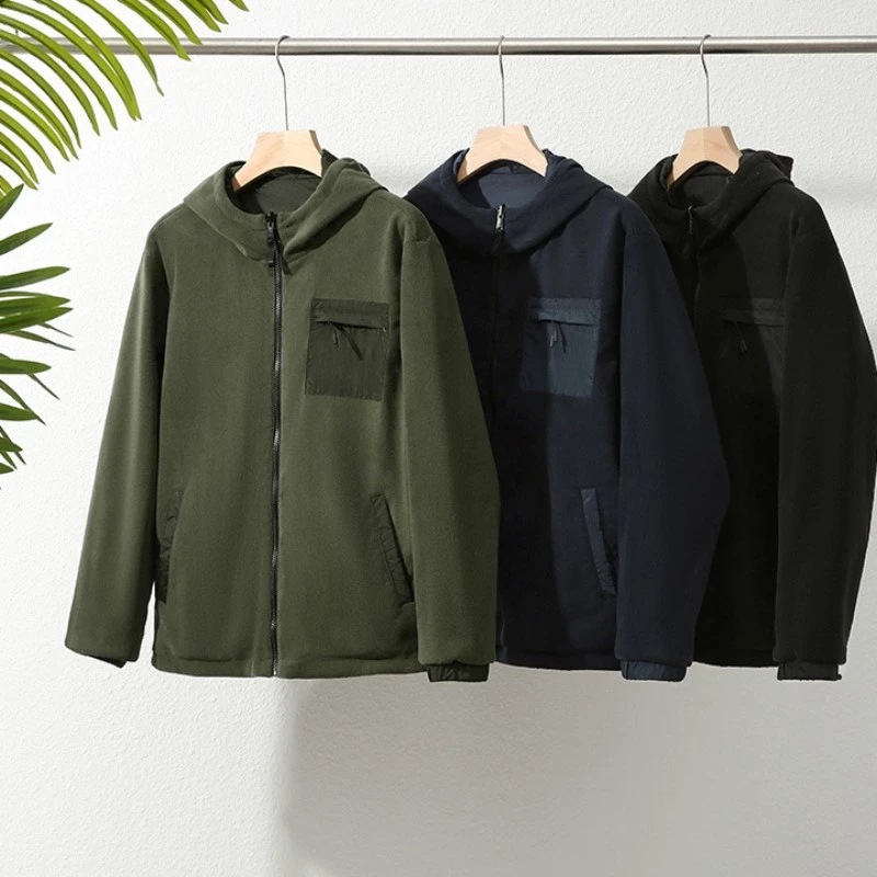 秋冬户外双面可穿情侣夹克外套 意式轻奢加绒保暖连帽上衣