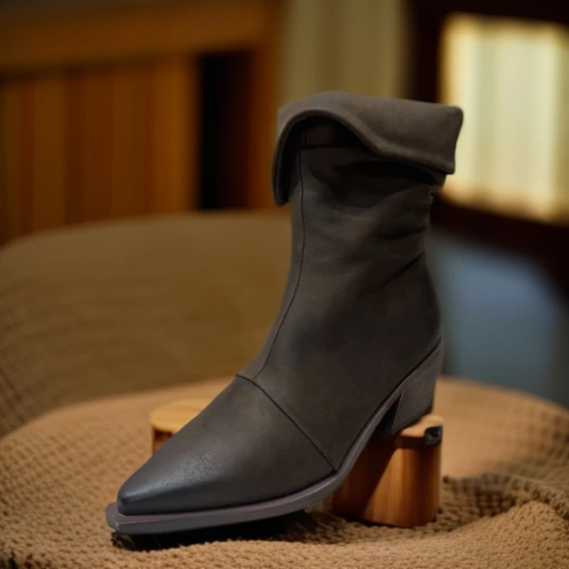 复古尖头粗跟时装靴单靴西部牛仔靴气质可翻领两穿中筒靴