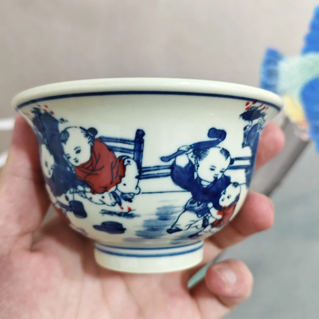 景德镇陶瓷黄嘻嘻，童子压手杯高6公分口径9.5公分容量120CC