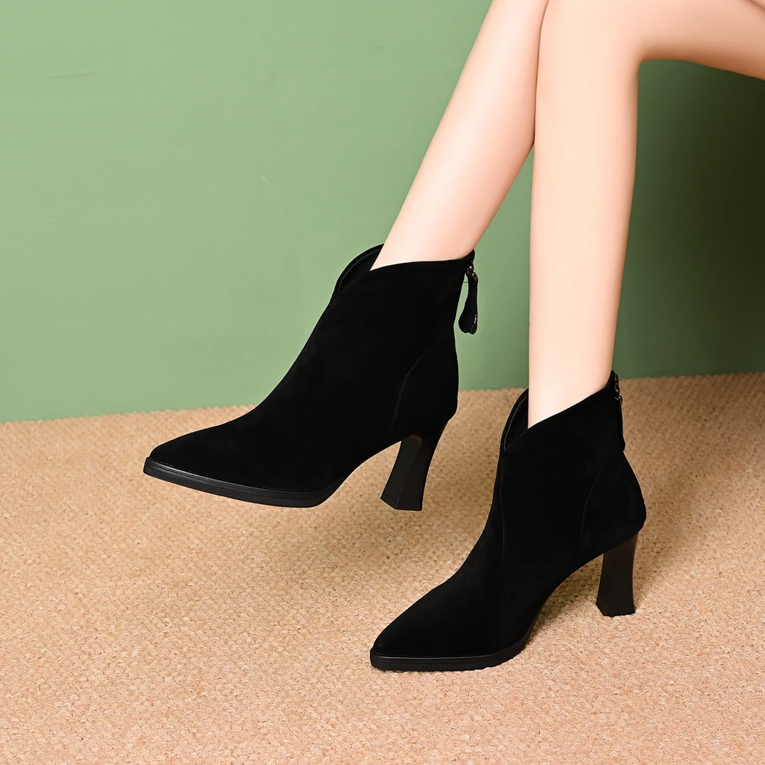 绒面高跟鞋女2024新款秋冬季尖头短靴春秋单靴加绒磨砂皮小跟裸靴