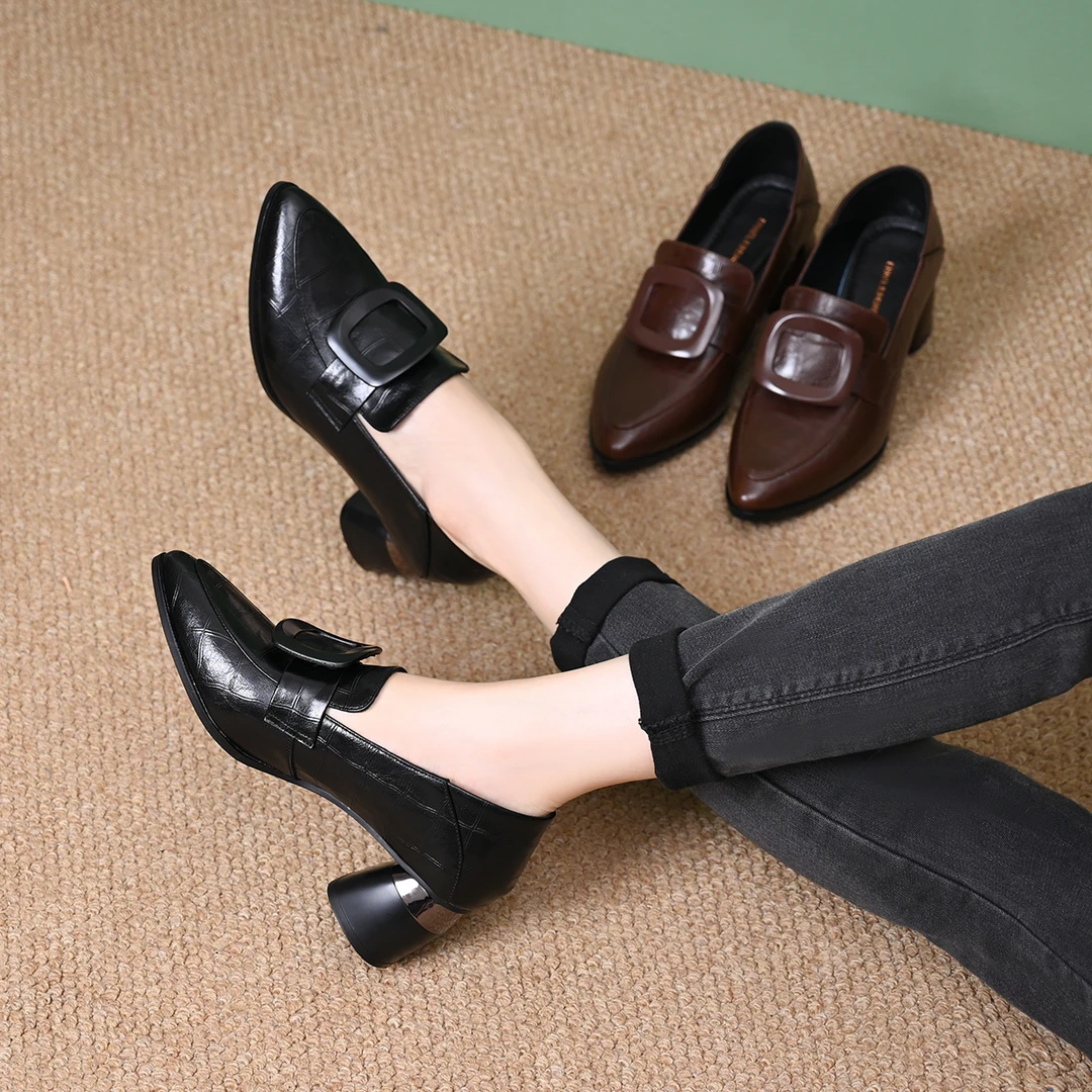 2024新款秋季尖头皮鞋女粗跟中跟软皮深口单鞋秋款英伦风女鞋