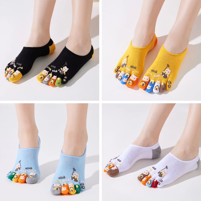 新品五指袜男女士纯棉卡通小猪可爱夏季船袜薄款隐形分脚趾袜子