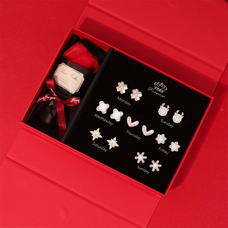 足银耳饰 足银耳饰气质轻奢一周星期耳钉银针礼盒生日礼物