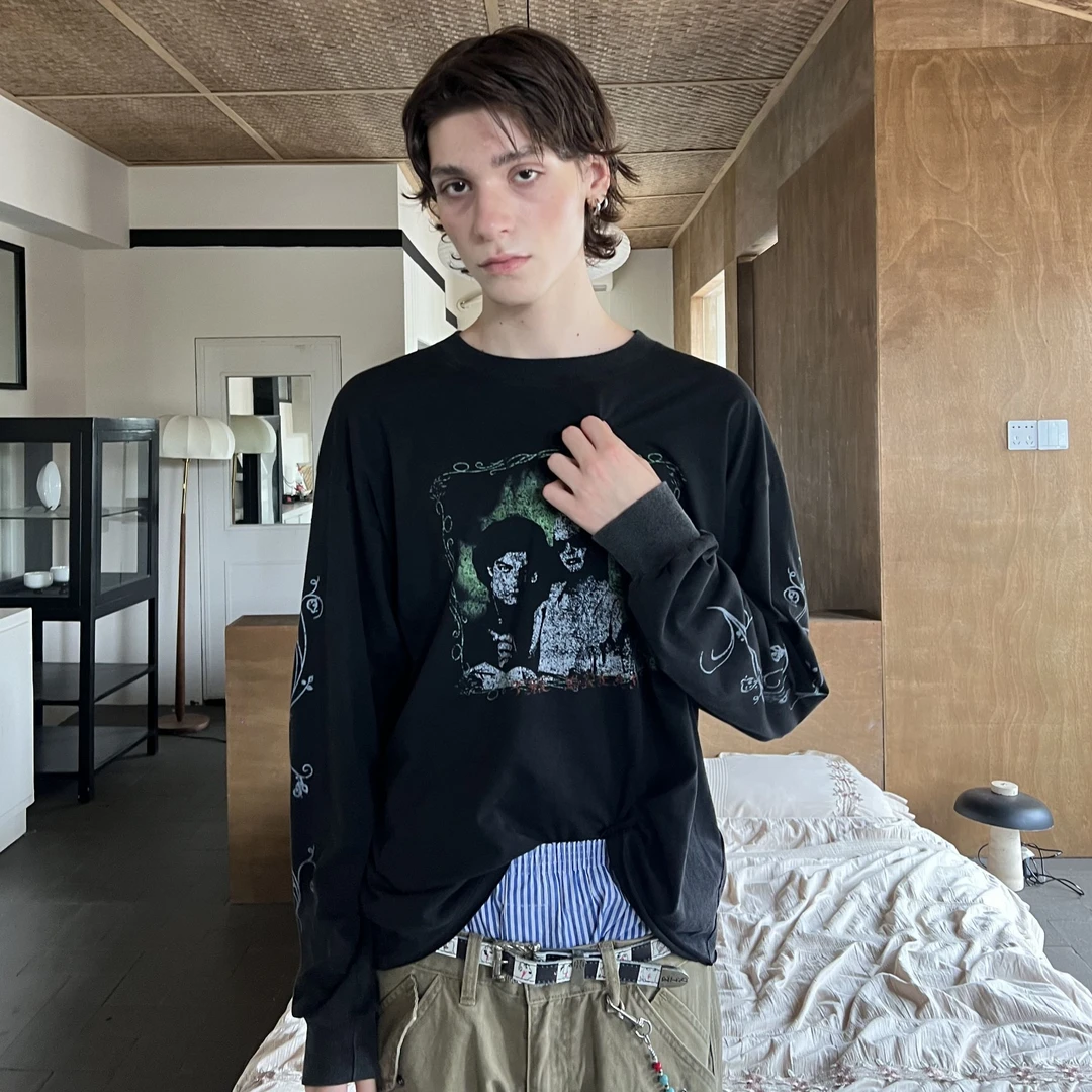 DANCI DONE 戏梦巴黎 斑驳Vintage复古水洗做旧卷边长袖Tee恤erd