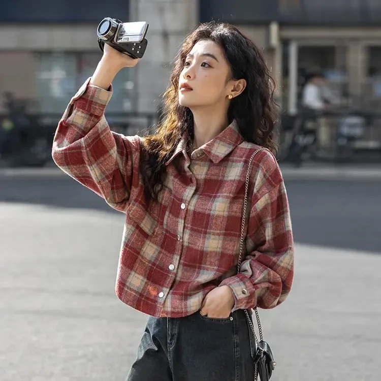 复古磨毛宽松2024格子新款小个子短款长袖外套衬衫衬衣加厚秋冬