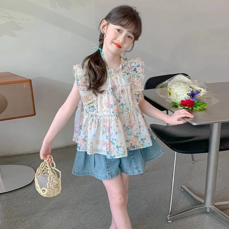 女童夏装T恤上衣甜美新款洋气碎花衬衫无袖衣服儿童夏季大童可爱