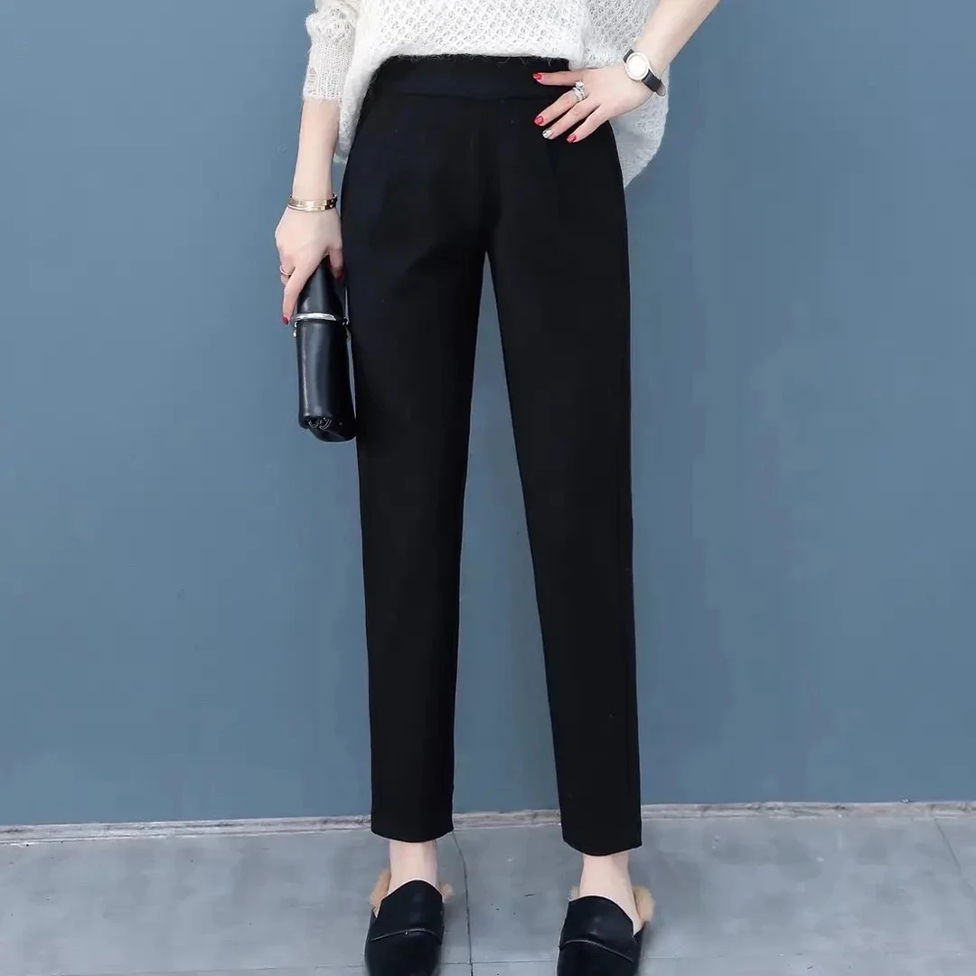 秋冬新款松紧高腰显瘦百搭休闲女裤小个子黑色