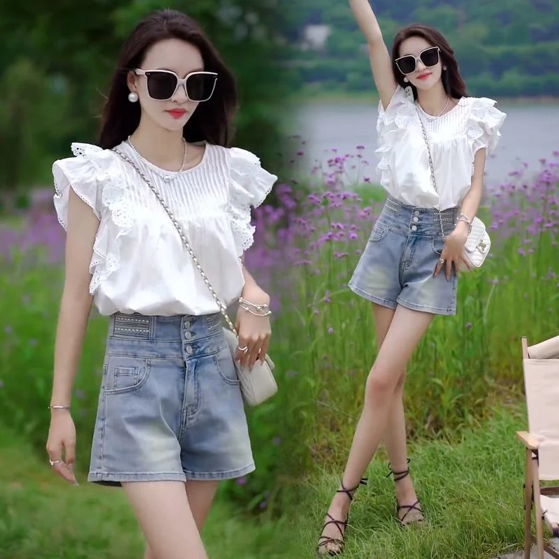 夏季气质时尚套装女新款双层蕾丝拼接纯色上衣牛仔短裤两件套