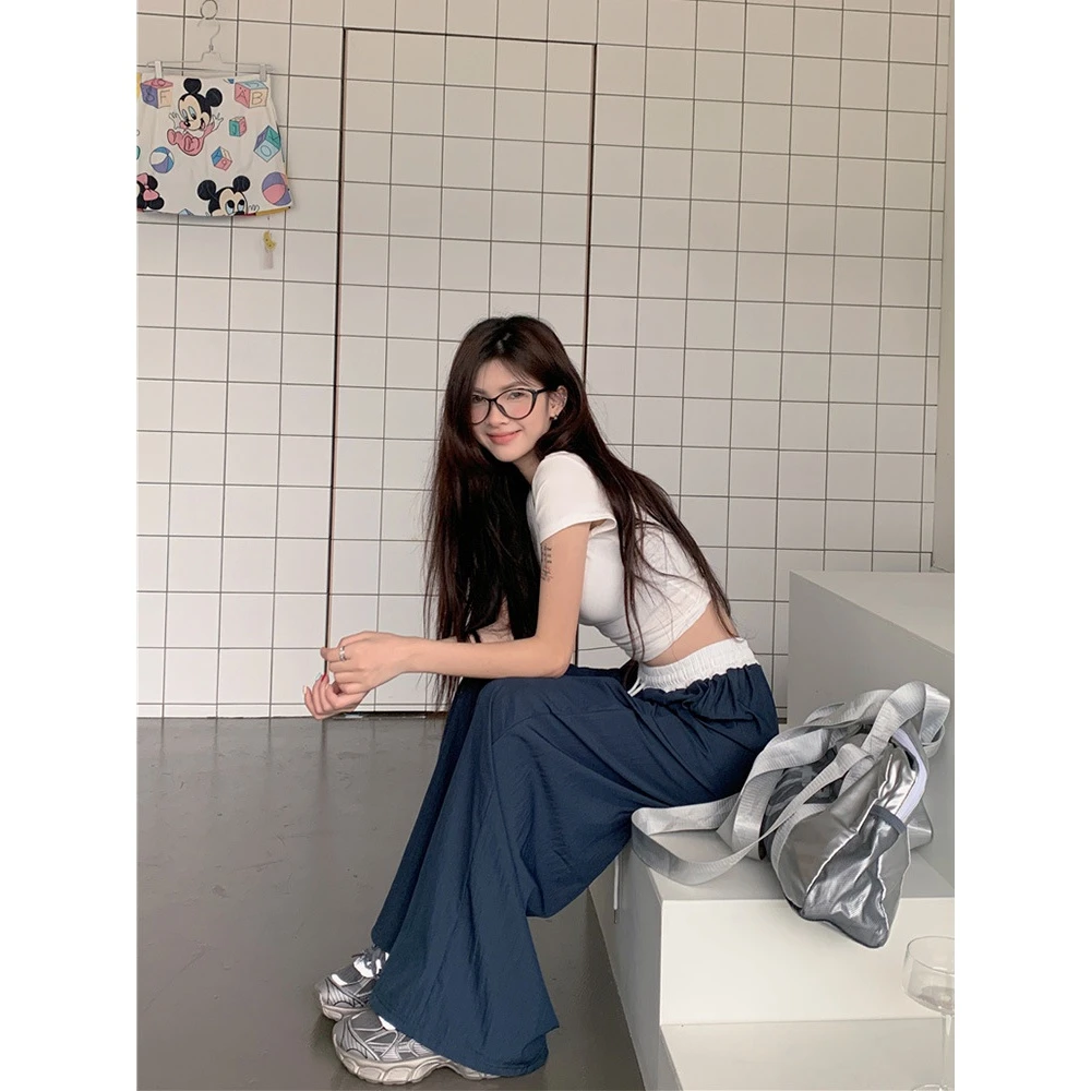 松紧腰阔腿裤女夏季薄款2024新款速干宽松休闲垂感直筒山本裤显瘦