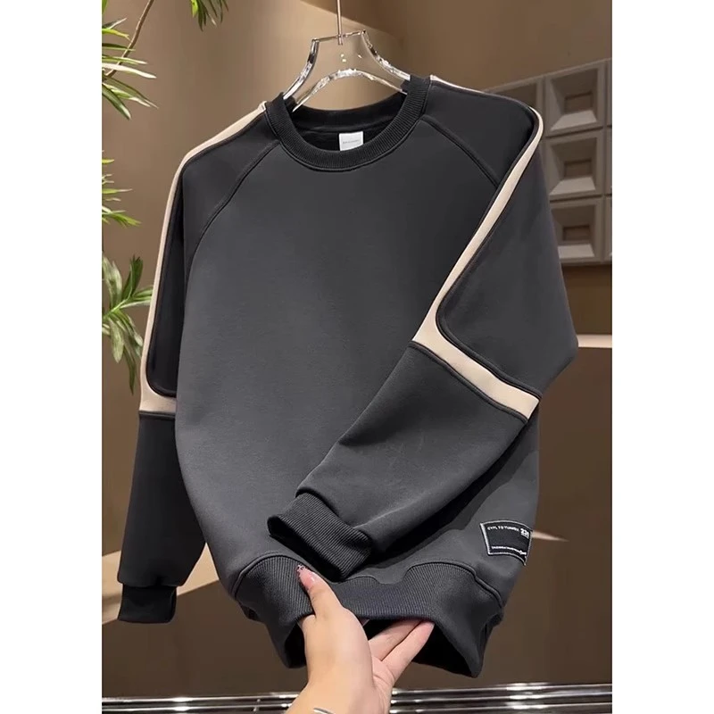 美式复古男卫衣新款2024秋冬加绒宽松圆领长袖T恤青年秋季套头衫