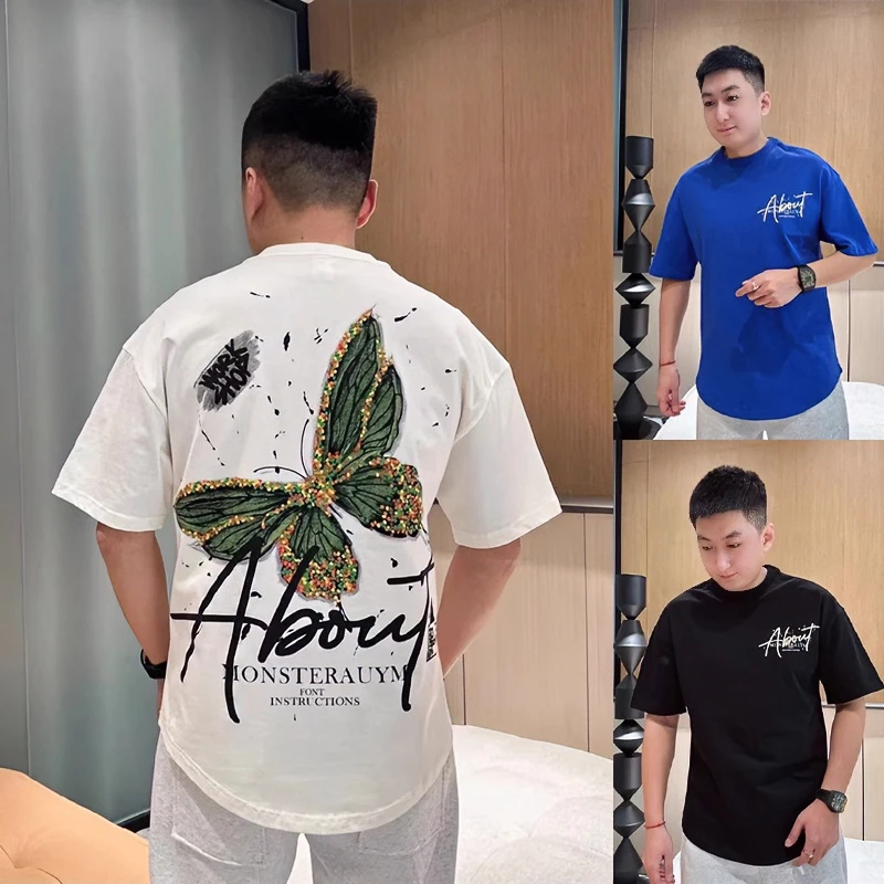 夏季圆领个性彩绘蝴蝶潮流时尚百搭宽松燕尾男士印花韩版短袖T恤