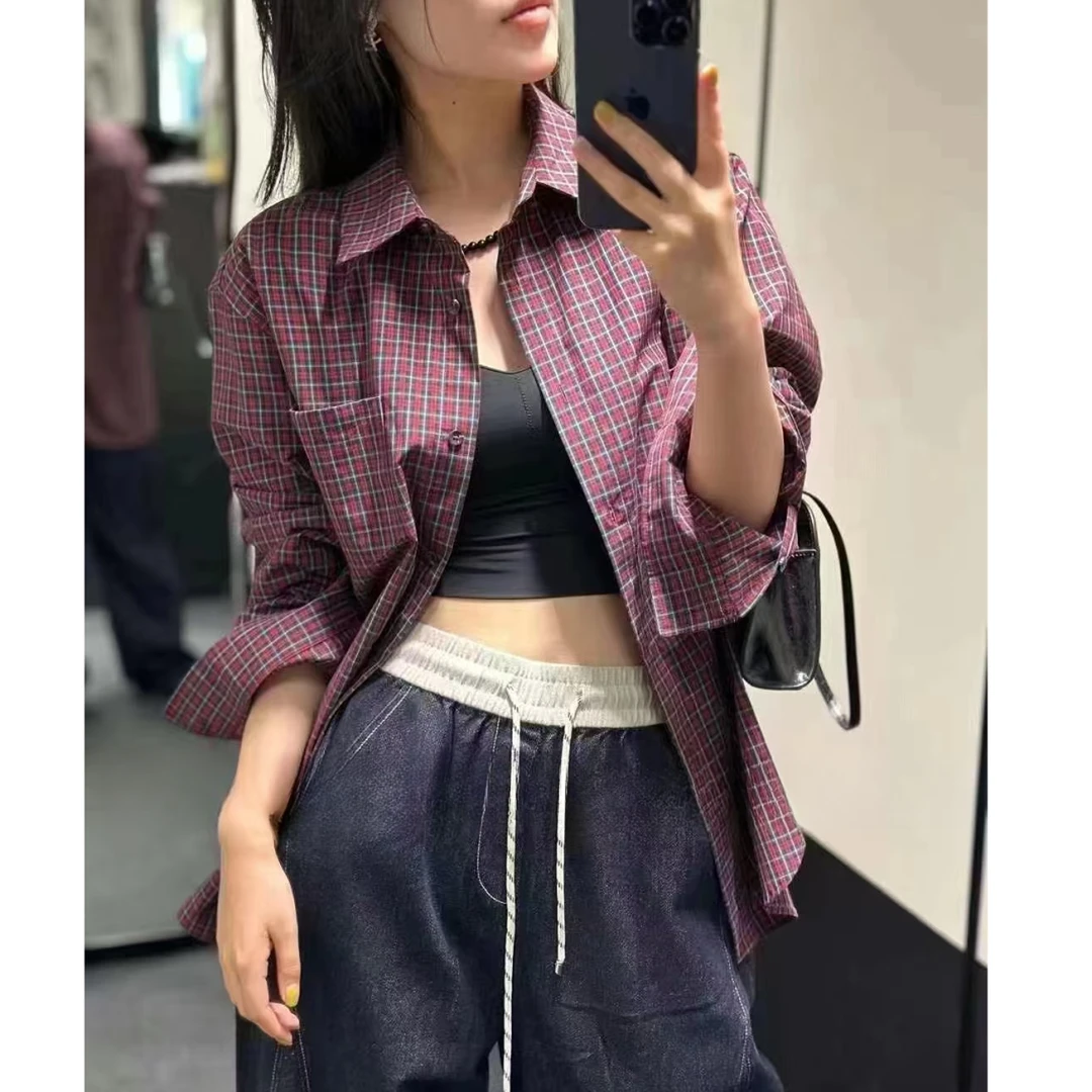 【DD-女装】新款格子衬衫长袖时尚休闲百搭复古宽松格纹经典