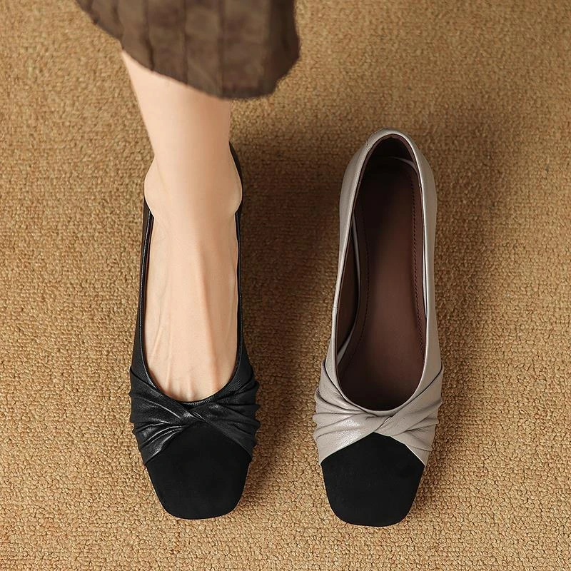 小香风拼色羊皮浅口单鞋女春秋款软底瓢鞋平底温柔真皮女鞋2.5cm