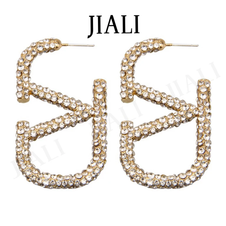 合金合成锆石耳饰 JIALI(法式字母V)轻奢高级满锆字母V耳钉