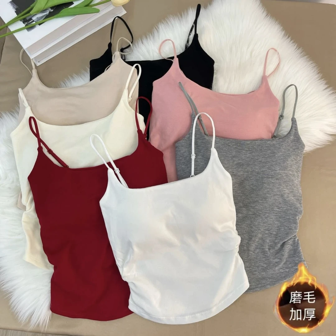 褶皱纯色甜美细吊带黄色小吊带百搭显瘦背心