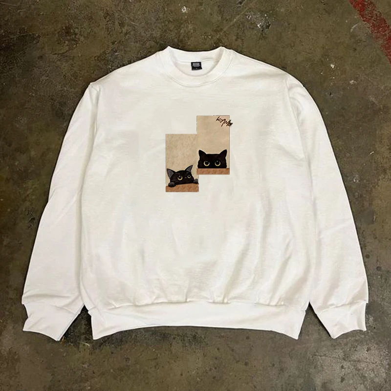 {品质男装}可爱猫猫潮牌秋冬保暖圆领卫衣男美式复古休闲百搭上衣