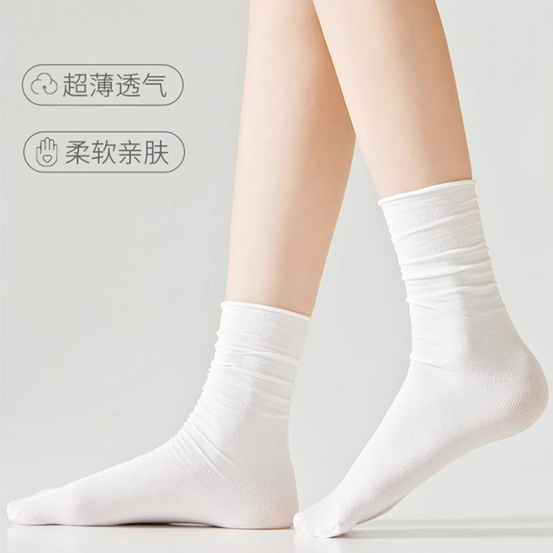 夏款堆堆袜柔软超薄棉透气冰冰中筒袜纯色配乐福鞋黑色通勤风轻薄