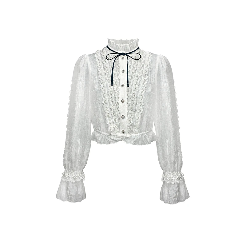 姜穹JIANGQIONG 2024早冬新款气质珍珠蕾丝织带饰蝴蝶结短衬衫