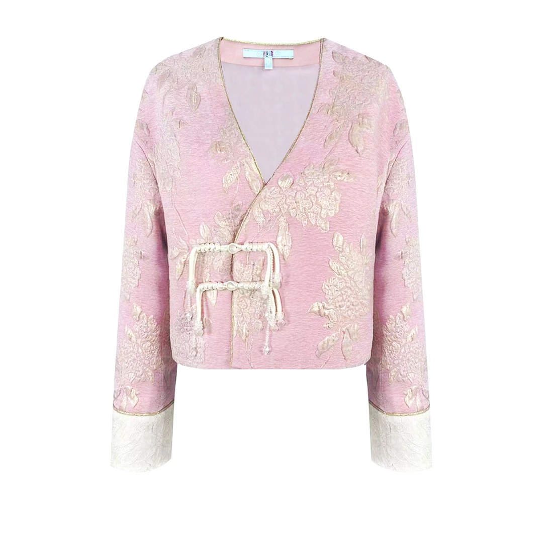 姜穹JIANGQIONG 2024秋冬新款女中式对襟提花金丝流苏扣饰长外套