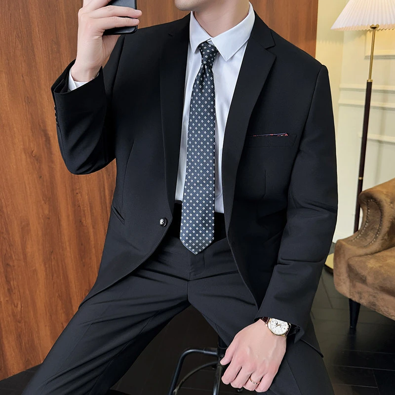 春秋纯色西服套装男士商务修身西装两件套工作服职业